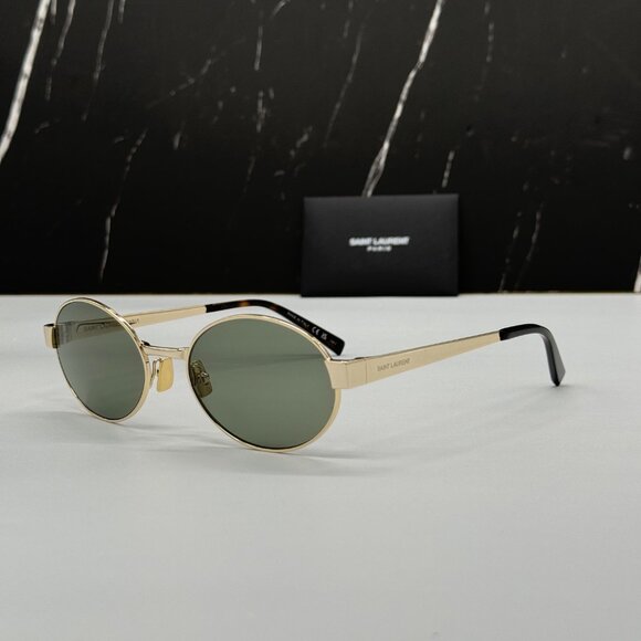 NEW SL692 003 SAINT LAURENT SL 692 003 OVAL WOMEN GOLD GREEN SUNGLASSES - Picture 1 of 11